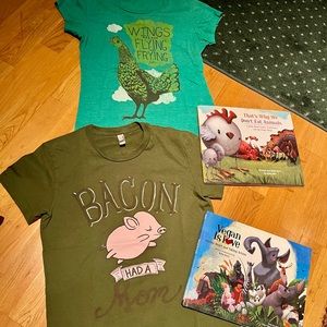 Unused t-shirts and children’s books for the vegetarian in your life!